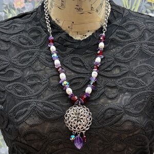 👑Adorned Crown Jewelry assemblage amethyst pearl red crystal pendant necklace